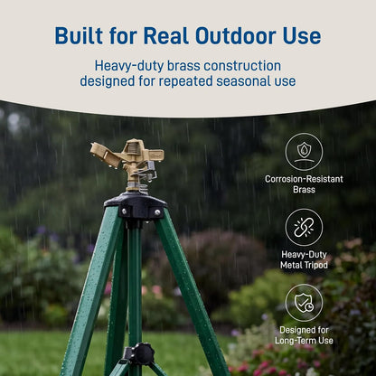 Tripod Lawn Zinc Impact Sprinkler - 360 Degree Rotating Yard Sprinkler with Adjustable Height - Heavy-Duty Zinc - High-Pressure Nozzle - for Large Lawn Coverage - 56667
