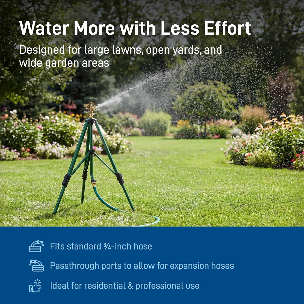 Tripod Lawn Zinc Impact Sprinkler - 360 Degree Rotating Yard Sprinkler with Adjustable Height - Heavy-Duty Zinc - High-Pressure Nozzle - for Large Lawn Coverage - 56667