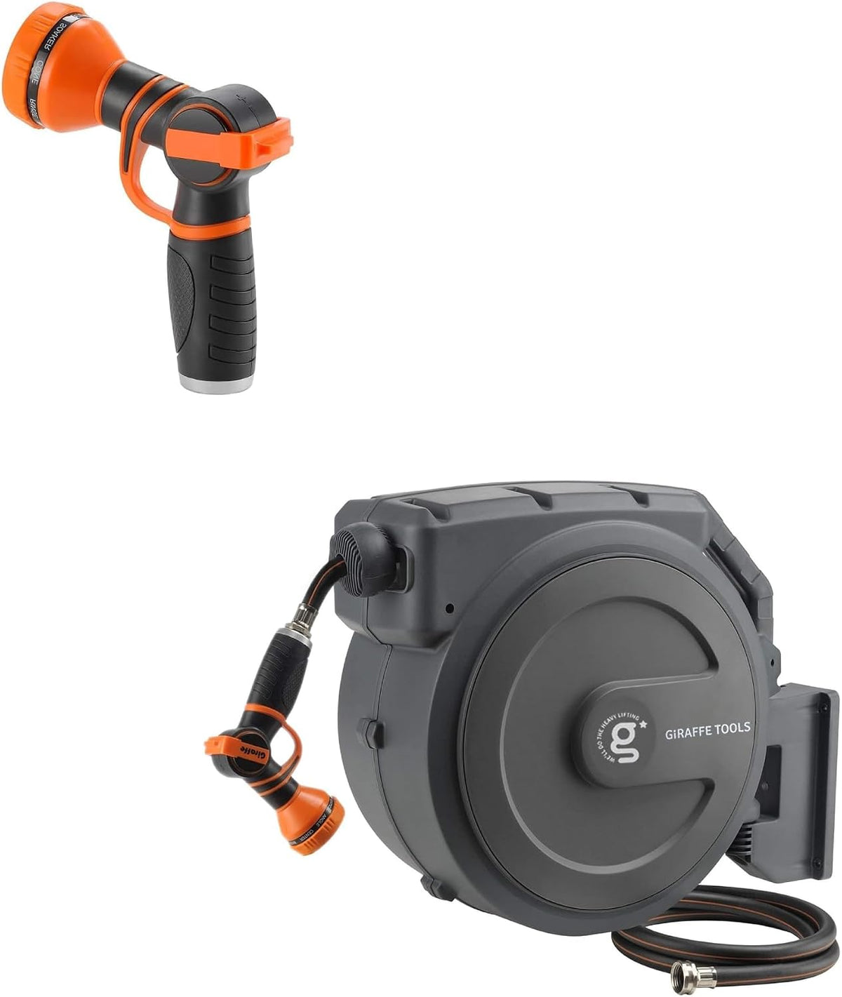 Garden Hose Nozzle 9 Adjustable Spray Modes Water Gun for Hose Reel and Retractable Garden Hose Reel 1/2 Inch x 130ft, Super Heavy Duty, Any Length Lock, Slow Return System, Wall Mounted