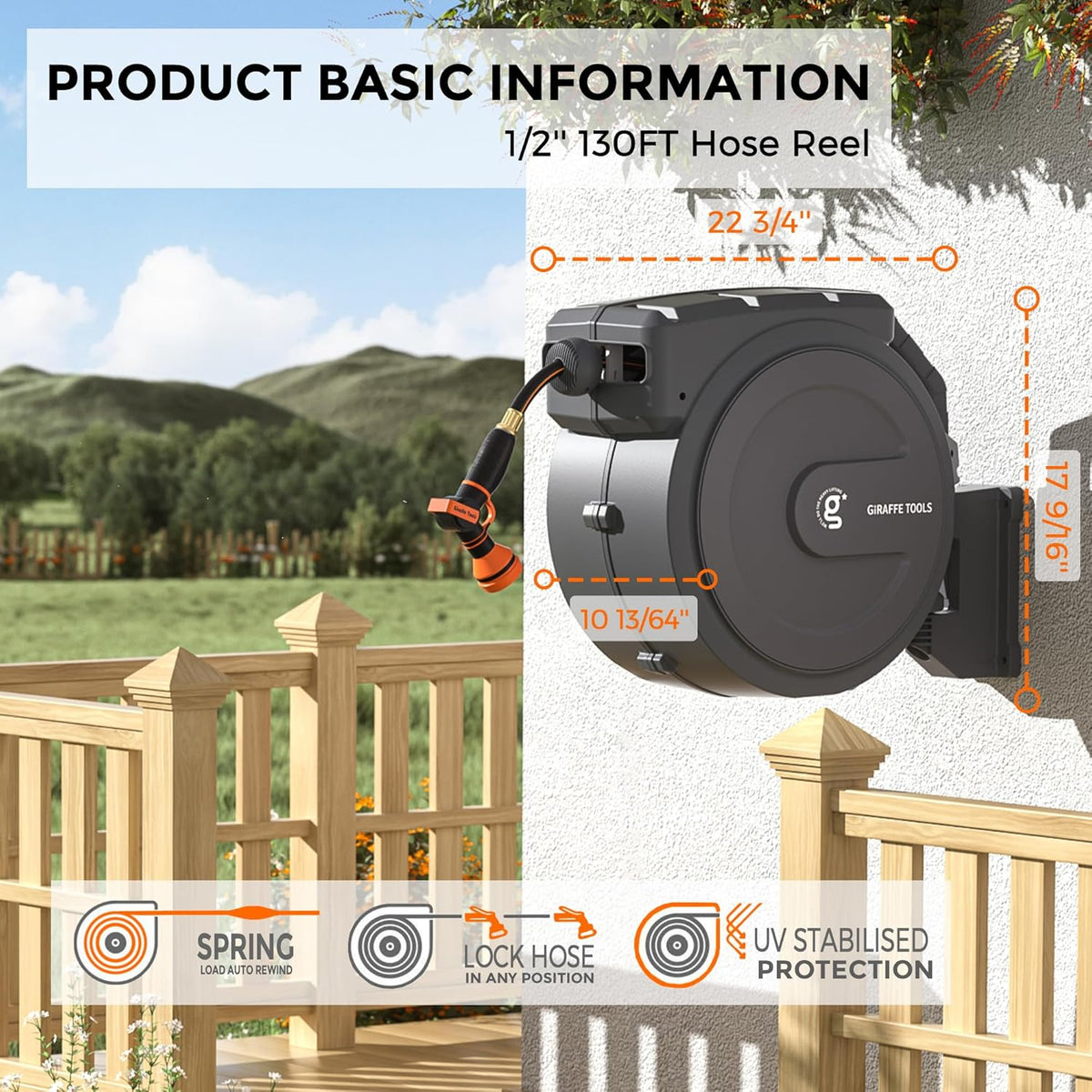 Garden Hose Nozzle 9 Adjustable Spray Modes Water Gun for Hose Reel and Retractable Garden Hose Reel 1/2 Inch x 130ft, Super Heavy Duty, Any Length Lock, Slow Return System, Wall Mounted
