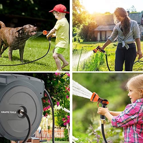 Garden Hose Nozzle 9 Adjustable Spray Modes Water Gun for Hose Reel and Retractable Garden Hose Reel 1/2 Inch x 130ft, Super Heavy Duty, Any Length Lock, Slow Return System, Wall Mounted