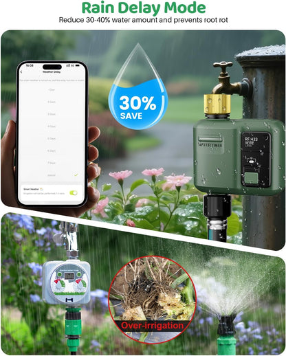 WiFi Water Timer for Garden Hose, Smart Sprinkler Controller with 984ft RF Range, Smart Lawn Watering System Irrigation Timer, APP/Voice Control, Rain Delay, Manual Irrigation (Brass Inlet)