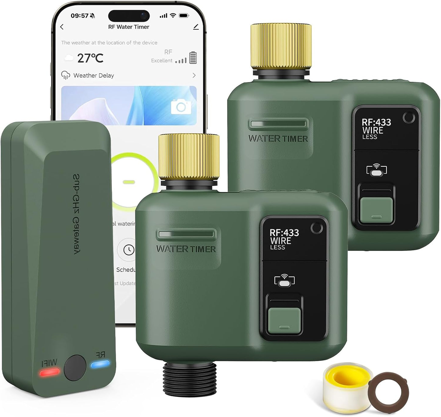 WiFi Water Timer for Garden Hose, Smart Sprinkler Controller with 984ft RF Range, Smart Lawn Watering System Irrigation Timer, APP/Voice Control, Rain Delay, Manual Irrigation (Brass Inlet)