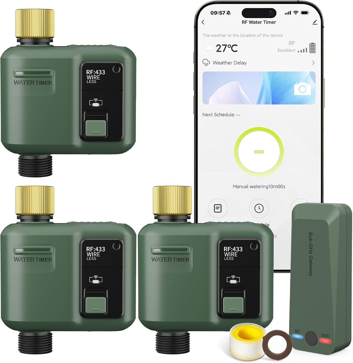 WiFi Water Timer for Garden Hose, Smart Sprinkler Controller with 984ft RF Range, Smart Lawn Watering System Irrigation Timer, APP/Voice Control, Rain Delay, Manual Irrigation (Brass Inlet)