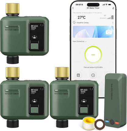 WiFi Water Timer for Garden Hose, Smart Sprinkler Controller with 984ft RF Range, Smart Lawn Watering System Irrigation Timer, APP/Voice Control, Rain Delay, Manual Irrigation (Brass Inlet)