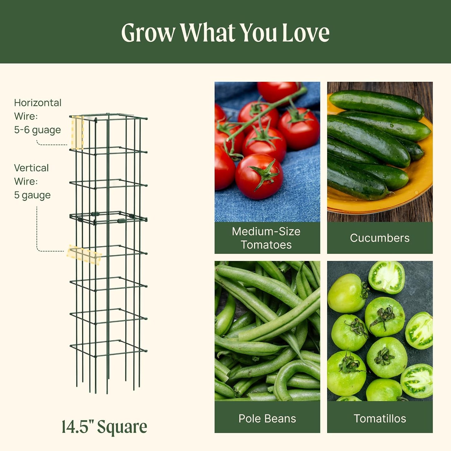 4 Pack 11.5" Square Tomato Cage for Garden & Pots, Rust-Resistant Tomato Stakes Heavy Gauge Plant Cage Trellis Support for Climbing Vegetables Plants