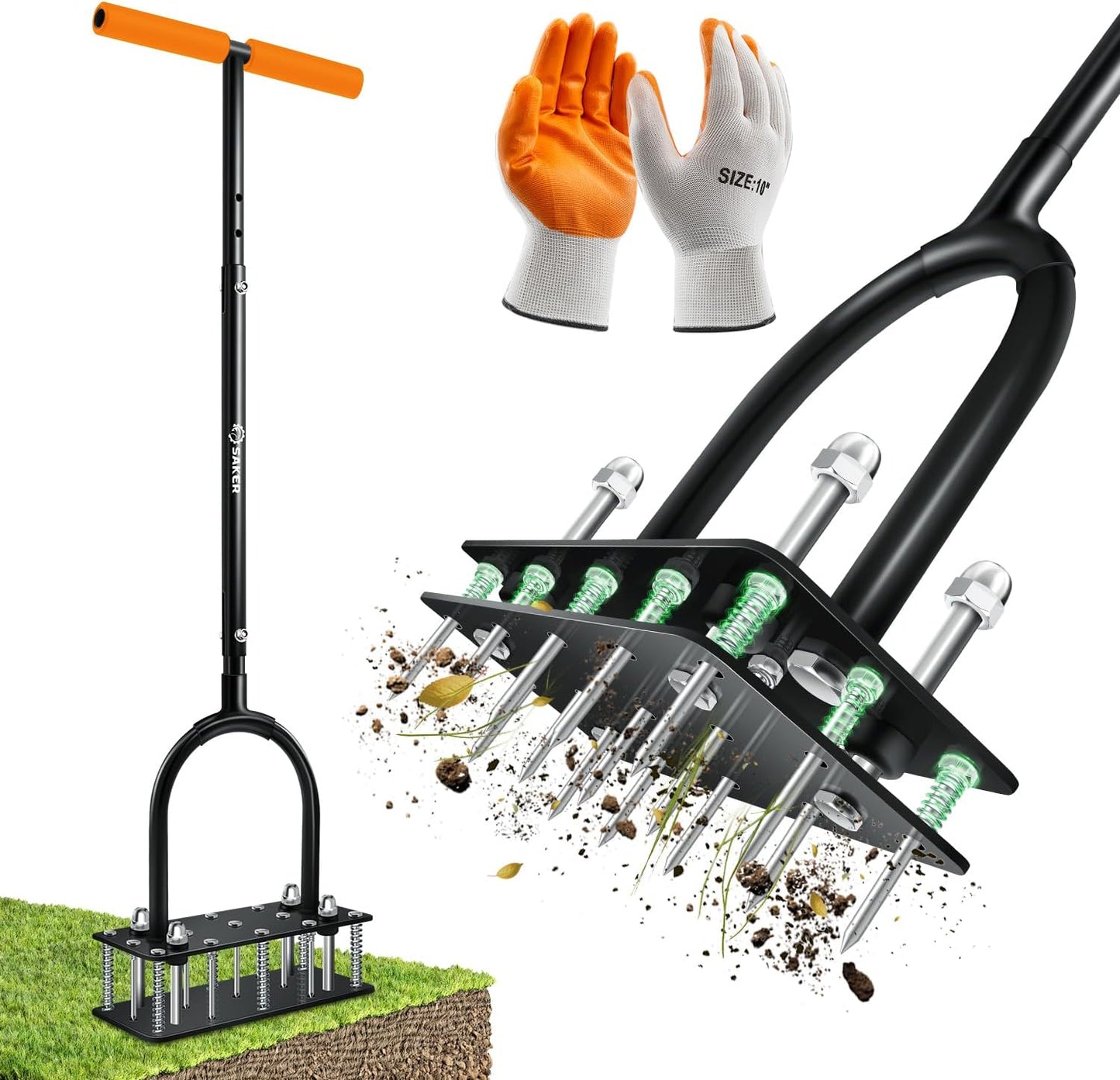 Manual Lawn Aerator Tool with 15 Iron Spikes Orange