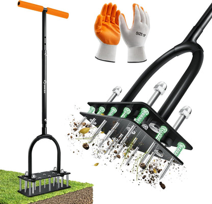 Manual Lawn Aerator Tool with 15 Iron Spikes Orange