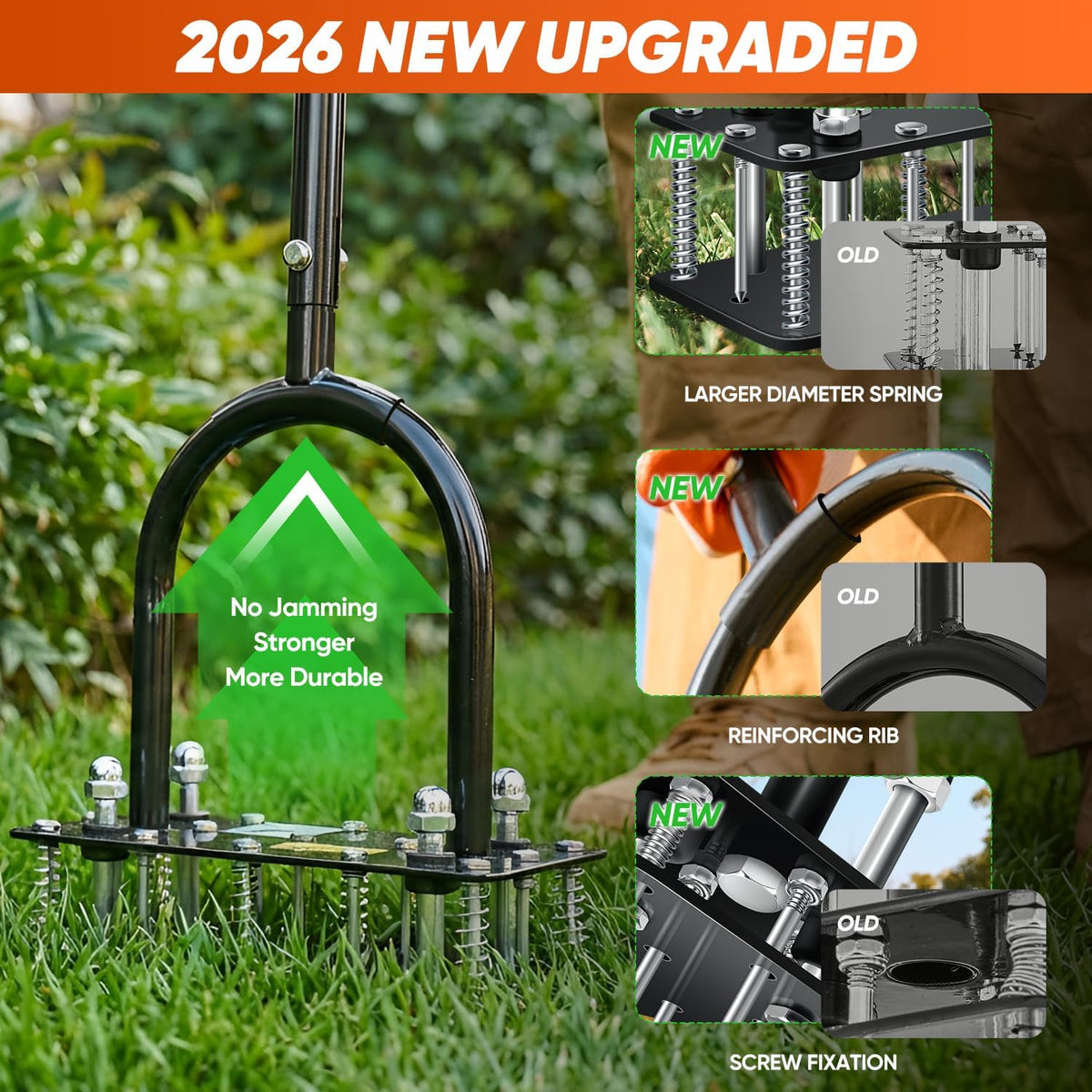 Manual Lawn Aerator Tool with 15 Iron Spikes Orange