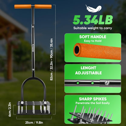 Manual Lawn Aerator Tool with 15 Iron Spikes Orange