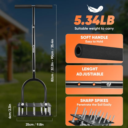 Manual Lawn Aerator Tool with 15 Iron Spikes Orange