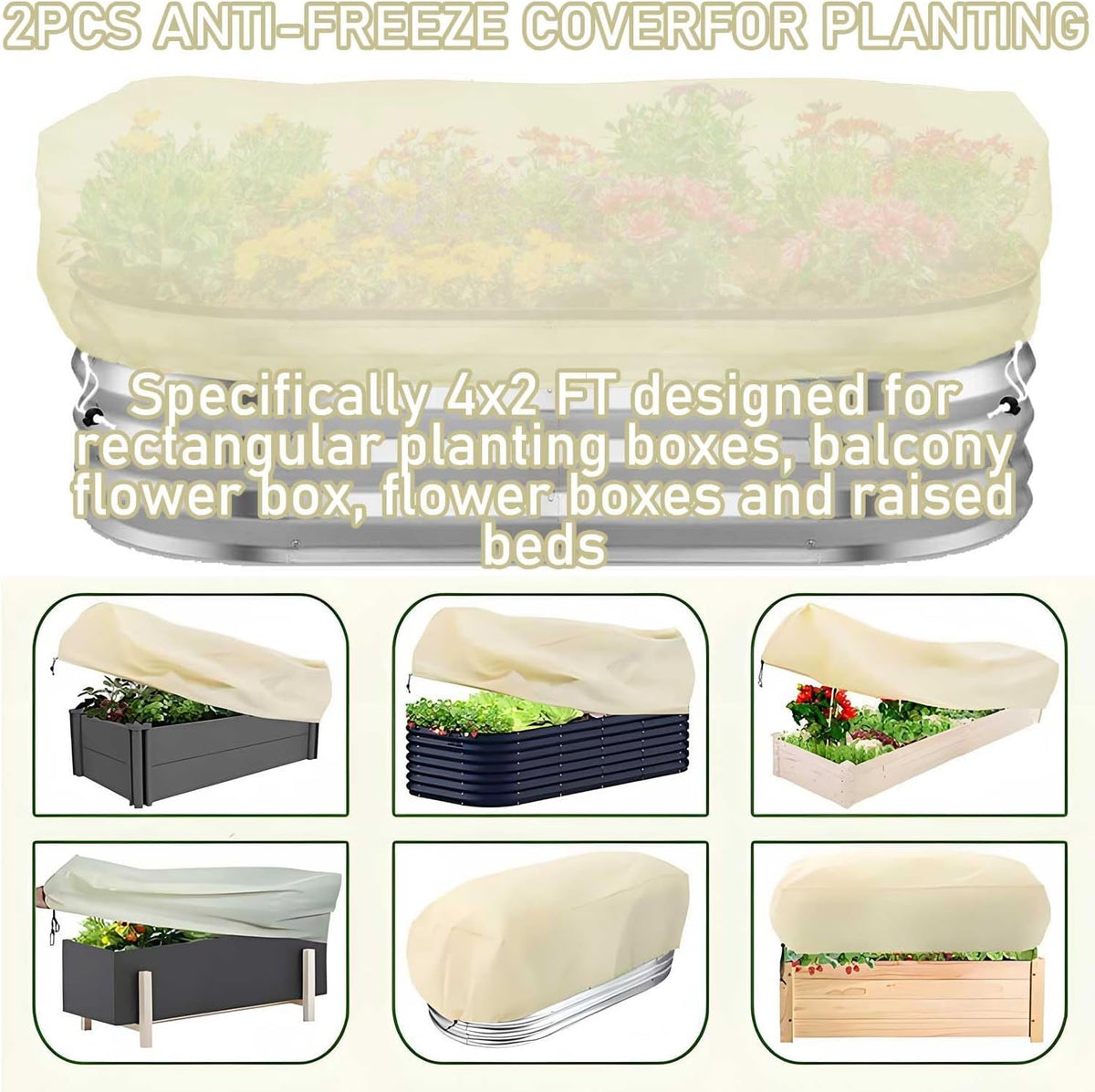 Plant Covers Freeze Protection 2 Pack Rectangular Planter Frost Fabric for Raised Beds with Drawstring 2.82oz/yd² Reusable Raised Beds Frost Cloth for Winter Outdoor Plants (Beige,for Cover a 4x2x1ft)