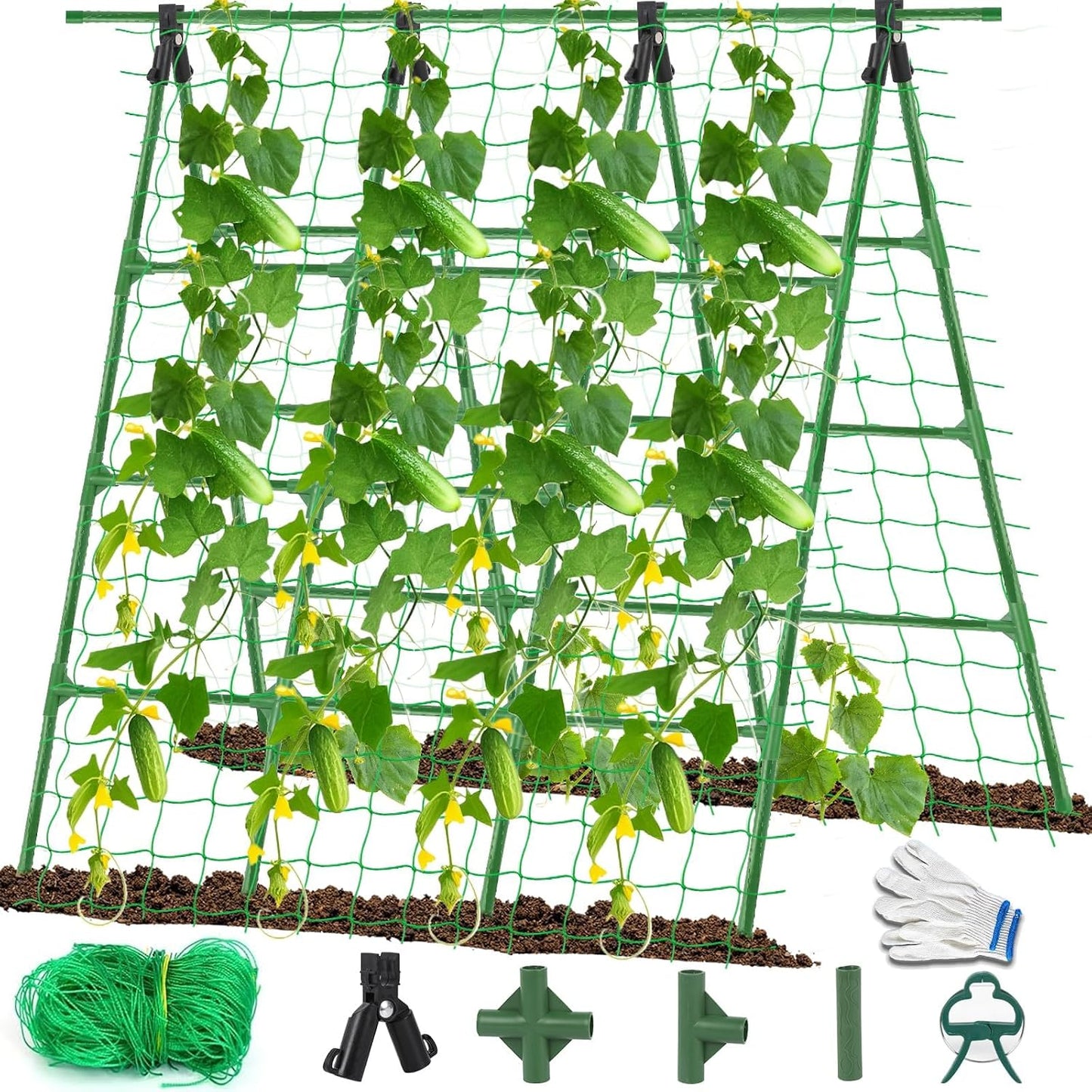 A-Frame Cucumber Trellis for Raised Bed - 63”H x 47”W, Heavy-Duty Detachable Garden Trellis with Netting & Clips, Support for Climbing Outdoor Cucumber, Tomatoes, Luffa, Bitter Melon, Vining Flowers