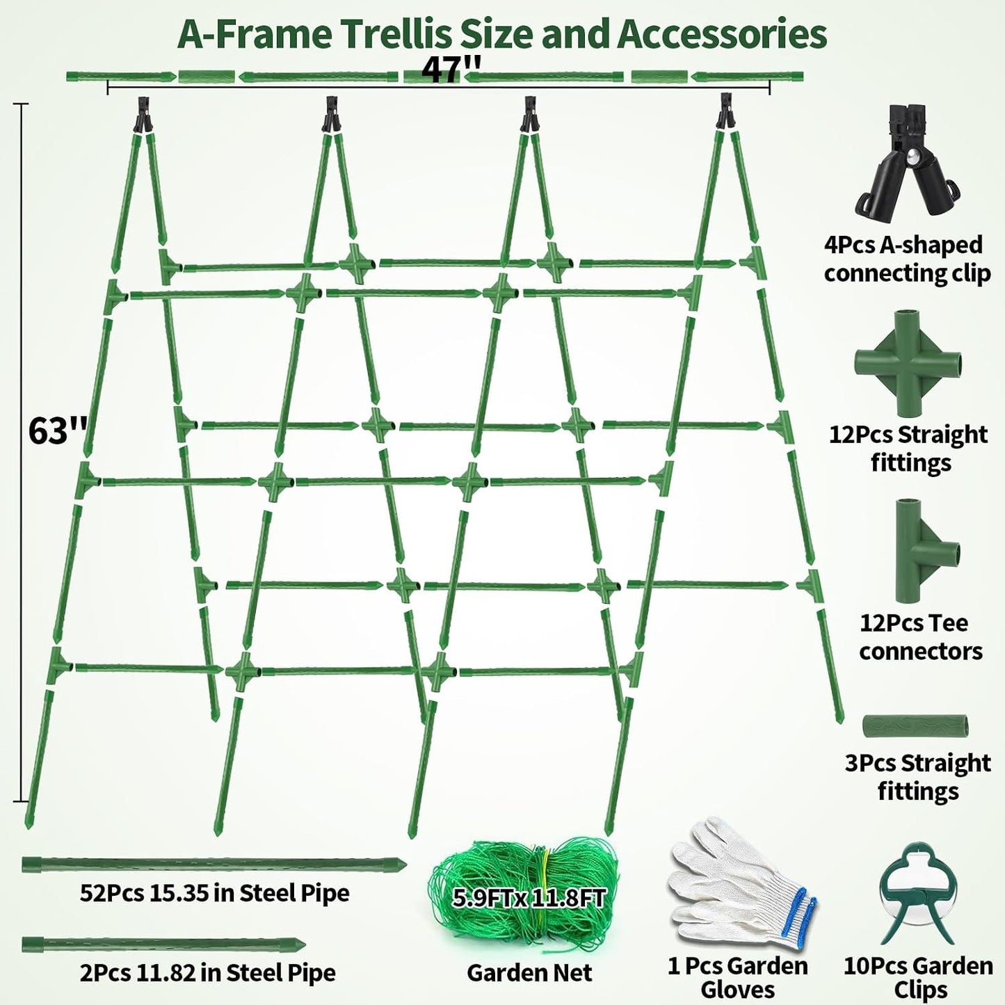 A-Frame Cucumber Trellis for Raised Bed - 63”H x 47”W, Heavy-Duty Detachable Garden Trellis with Netting & Clips, Support for Climbing Outdoor Cucumber, Tomatoes, Luffa, Bitter Melon, Vining Flowers