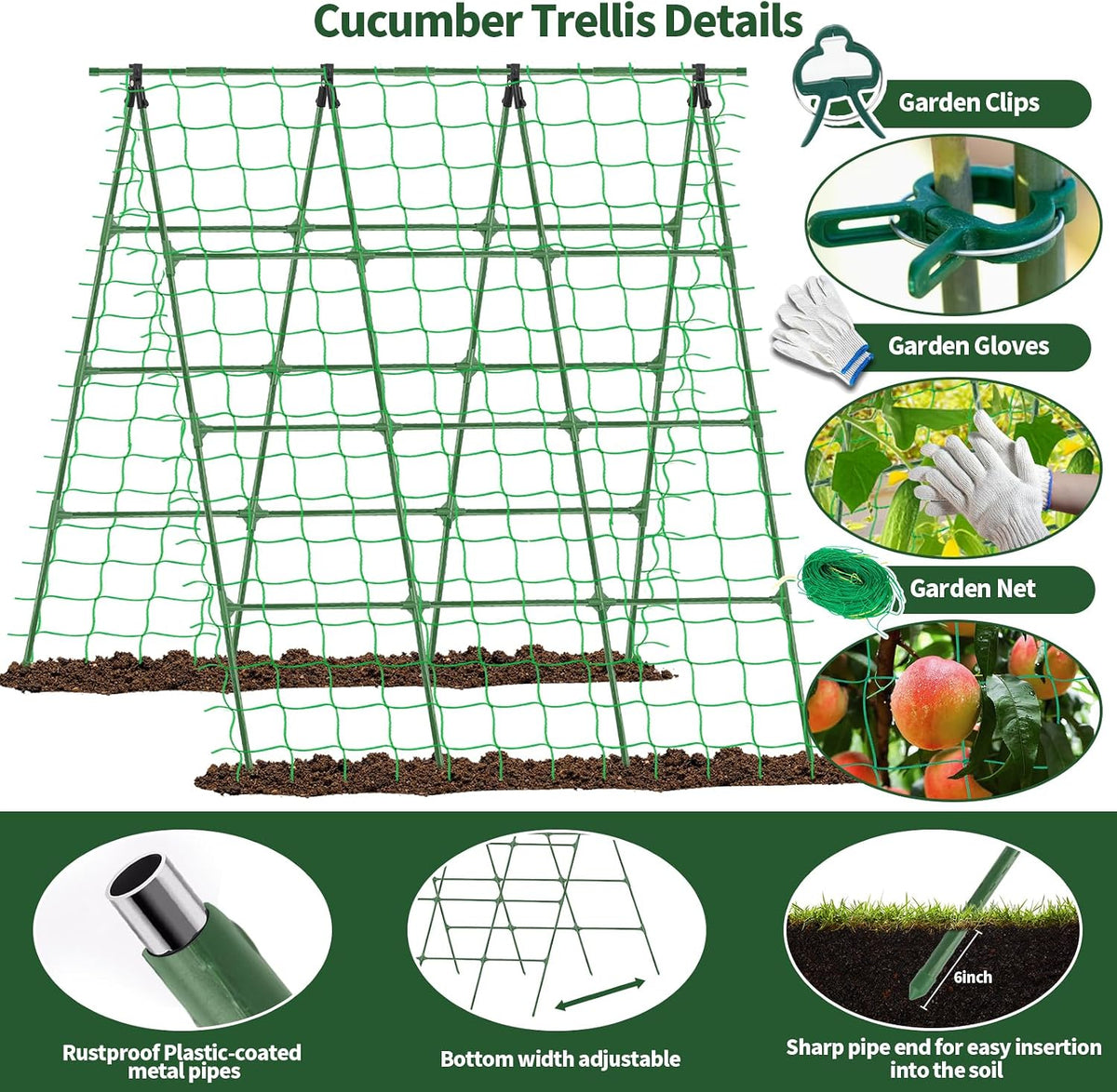 A-Frame Cucumber Trellis for Raised Bed - 63”H x 47”W, Heavy-Duty Detachable Garden Trellis with Netting & Clips, Support for Climbing Outdoor Cucumber, Tomatoes, Luffa, Bitter Melon, Vining Flowers