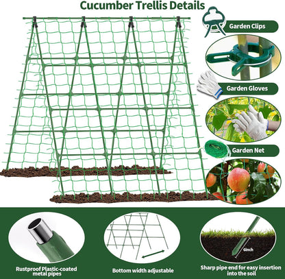 A-Frame Cucumber Trellis for Raised Bed - 63”H x 47”W, Heavy-Duty Detachable Garden Trellis with Netting & Clips, Support for Climbing Outdoor Cucumber, Tomatoes, Luffa, Bitter Melon, Vining Flowers
