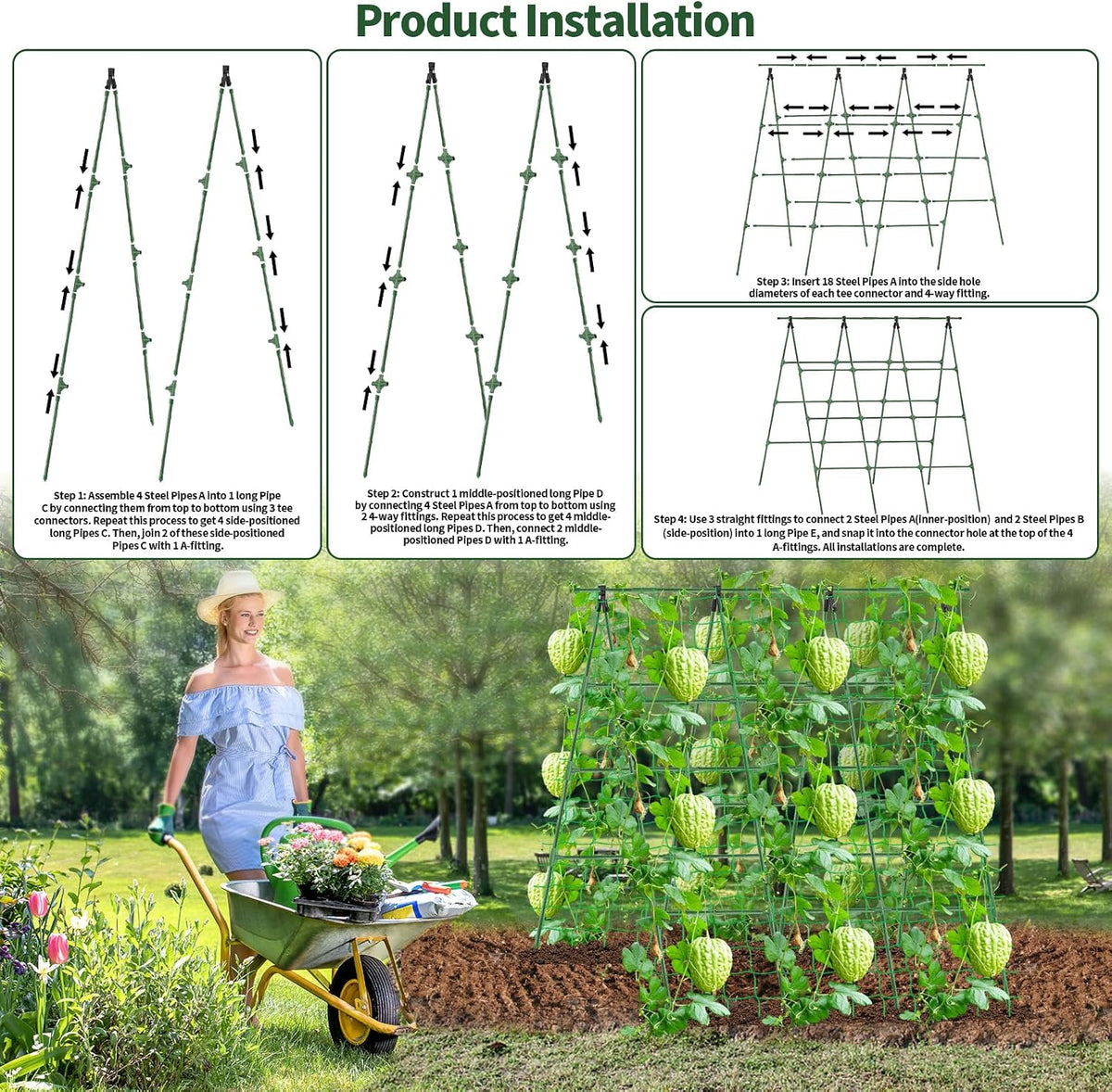 A-Frame Cucumber Trellis for Raised Bed - 63”H x 47”W, Heavy-Duty Detachable Garden Trellis with Netting & Clips, Support for Climbing Outdoor Cucumber, Tomatoes, Luffa, Bitter Melon, Vining Flowers