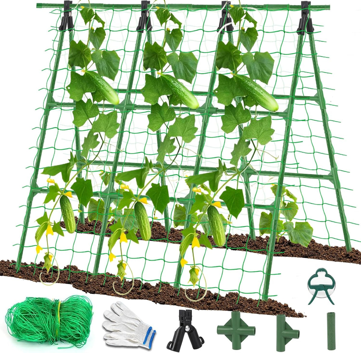 A-Frame Cucumber Trellis for Raised Bed - 63”H x 47”W, Heavy-Duty Detachable Garden Trellis with Netting & Clips, Support for Climbing Outdoor Cucumber, Tomatoes, Luffa, Bitter Melon, Vining Flowers