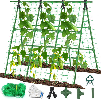 A-Frame Cucumber Trellis for Raised Bed - 63”H x 47”W, Heavy-Duty Detachable Garden Trellis with Netting & Clips, Support for Climbing Outdoor Cucumber, Tomatoes, Luffa, Bitter Melon, Vining Flowers