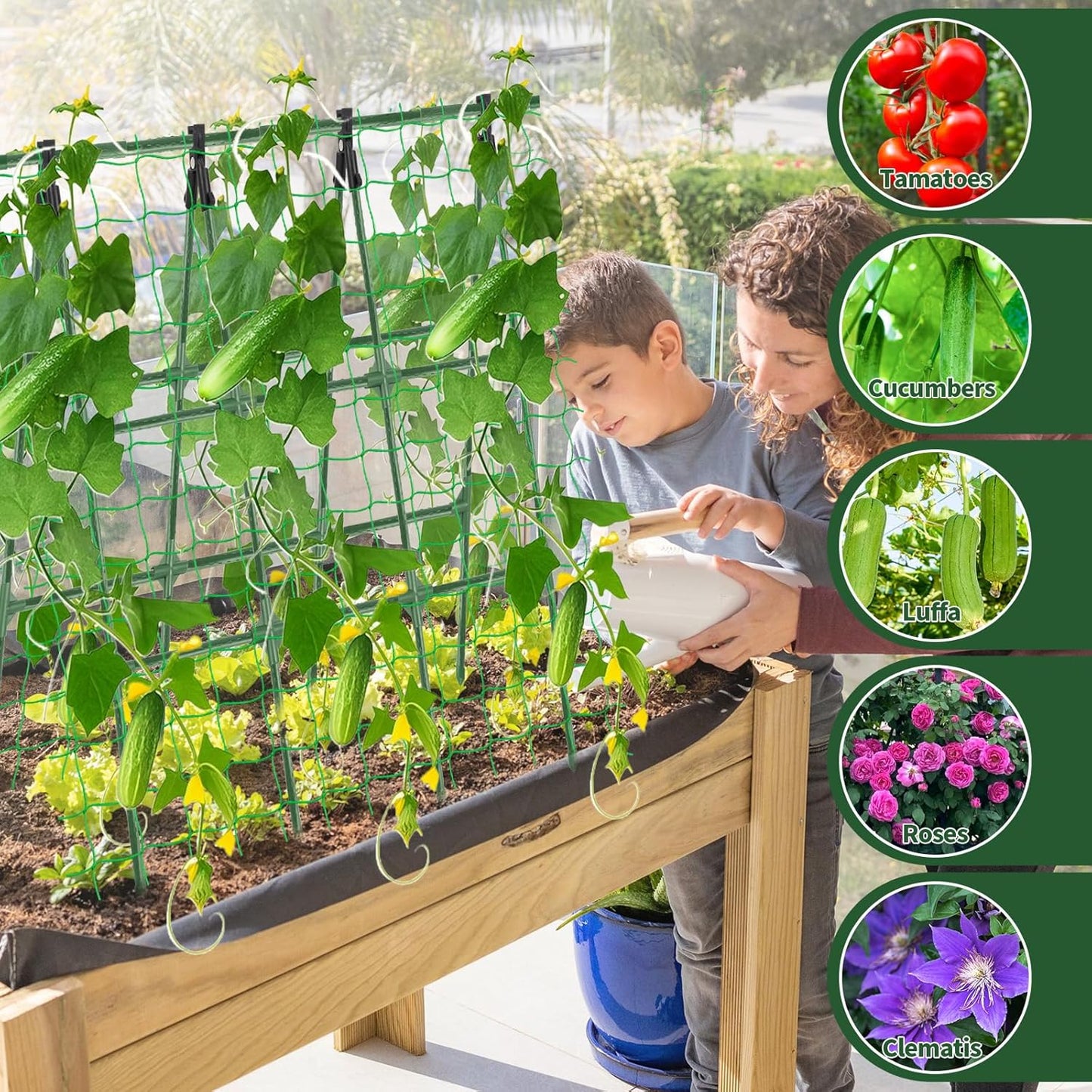 A-Frame Cucumber Trellis for Raised Bed - 63”H x 47”W, Heavy-Duty Detachable Garden Trellis with Netting & Clips, Support for Climbing Outdoor Cucumber, Tomatoes, Luffa, Bitter Melon, Vining Flowers
