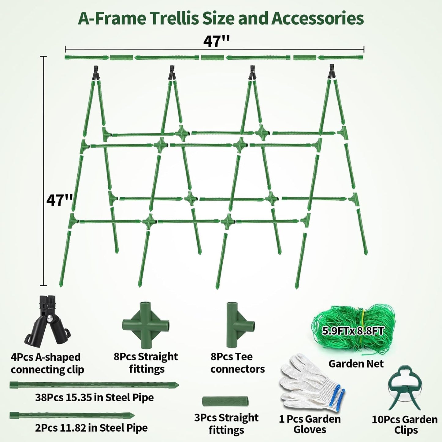 A-Frame Cucumber Trellis for Raised Bed - 63”H x 47”W, Heavy-Duty Detachable Garden Trellis with Netting & Clips, Support for Climbing Outdoor Cucumber, Tomatoes, Luffa, Bitter Melon, Vining Flowers
