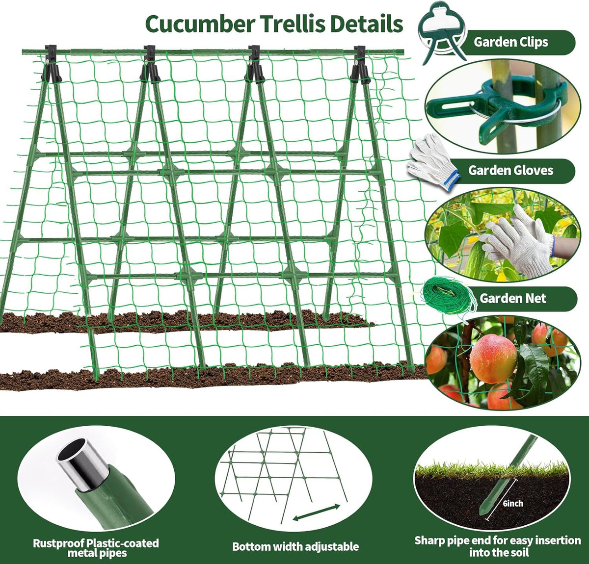A-Frame Cucumber Trellis for Raised Bed - 63”H x 47”W, Heavy-Duty Detachable Garden Trellis with Netting & Clips, Support for Climbing Outdoor Cucumber, Tomatoes, Luffa, Bitter Melon, Vining Flowers