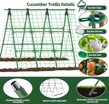 A-Frame Cucumber Trellis for Raised Bed - 63”H x 47”W, Heavy-Duty Detachable Garden Trellis with Netting & Clips, Support for Climbing Outdoor Cucumber, Tomatoes, Luffa, Bitter Melon, Vining Flowers