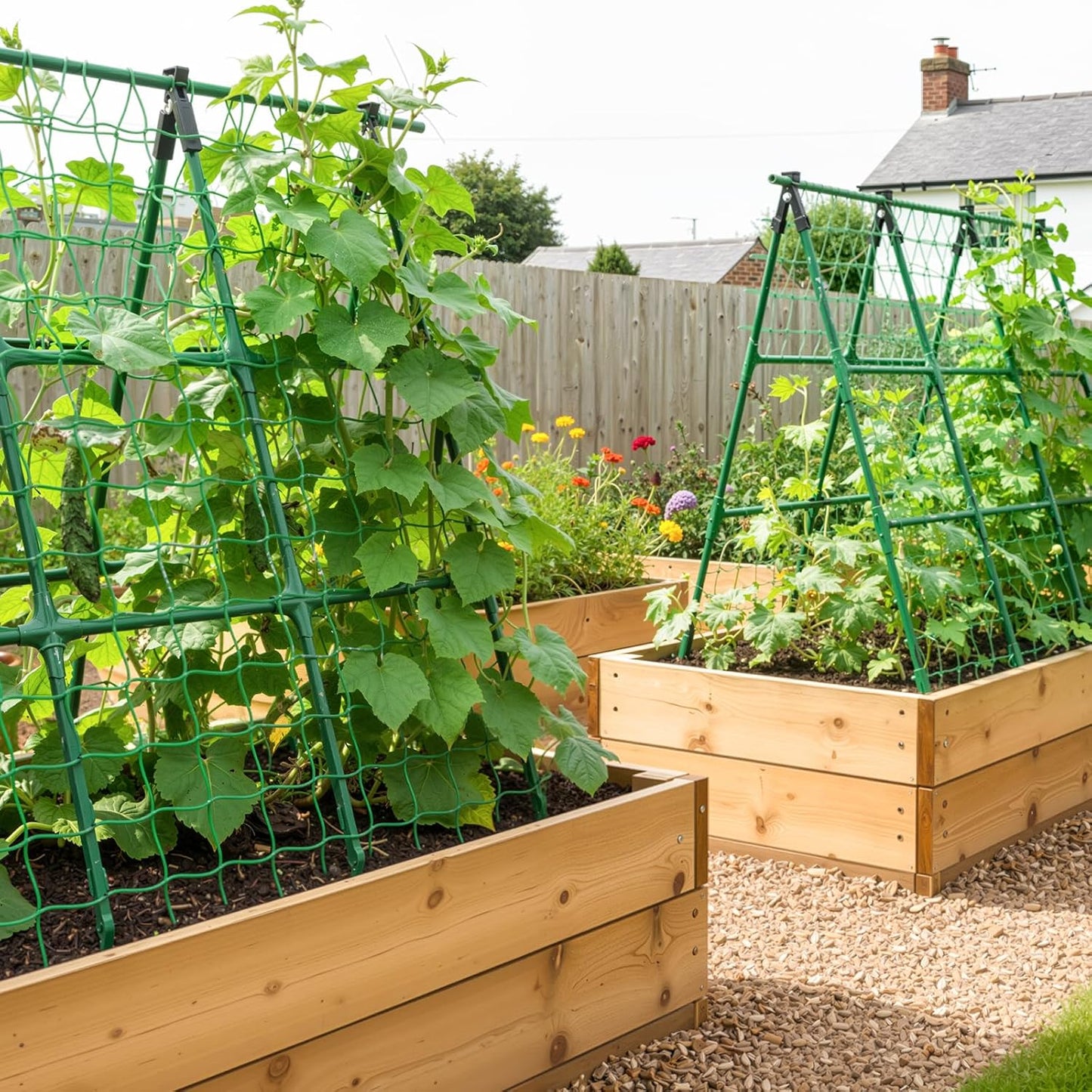 A-Frame Cucumber Trellis for Raised Bed - 63”H x 47”W, Heavy-Duty Detachable Garden Trellis with Netting & Clips, Support for Climbing Outdoor Cucumber, Tomatoes, Luffa, Bitter Melon, Vining Flowers
