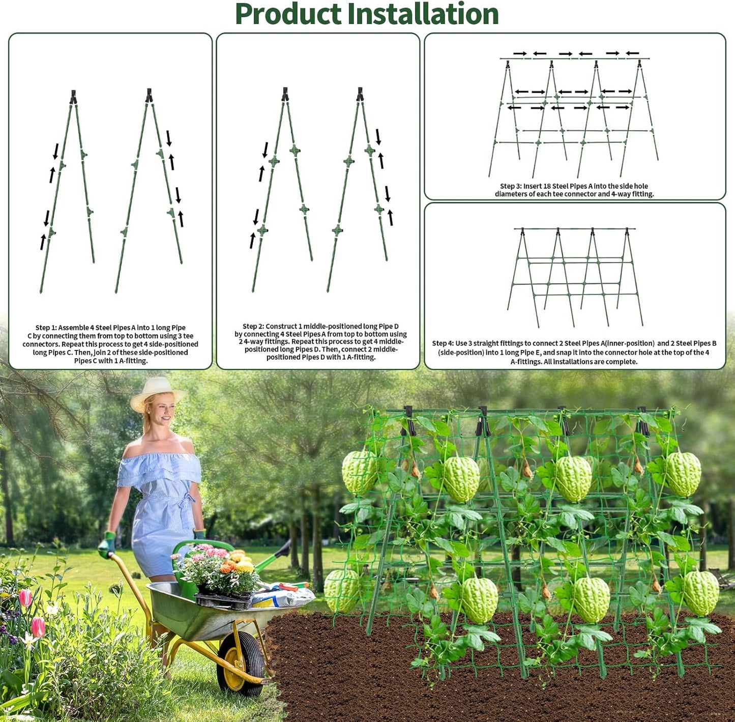 A-Frame Cucumber Trellis for Raised Bed - 63”H x 47”W, Heavy-Duty Detachable Garden Trellis with Netting & Clips, Support for Climbing Outdoor Cucumber, Tomatoes, Luffa, Bitter Melon, Vining Flowers