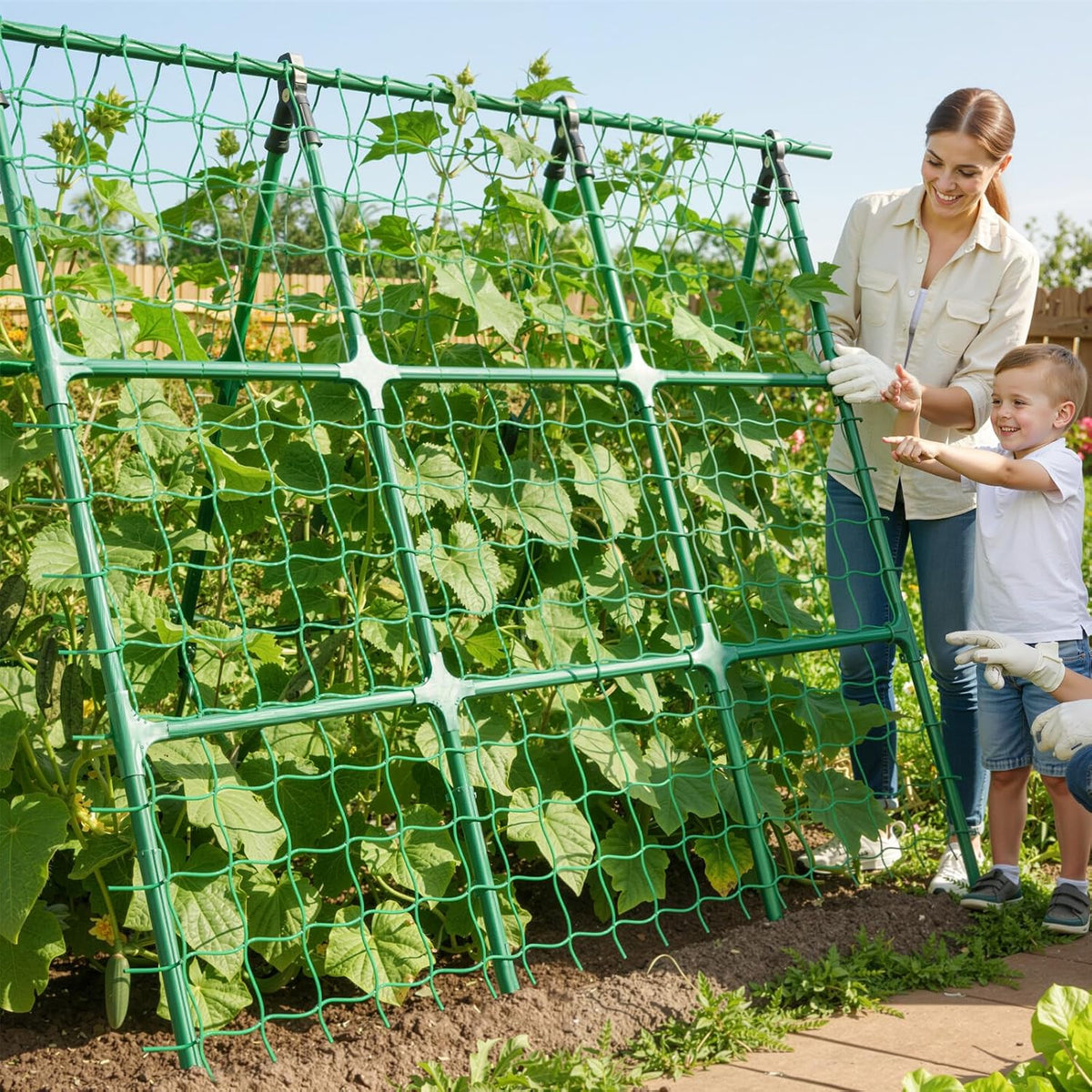 A-Frame Cucumber Trellis for Raised Bed - 63”H x 47”W, Heavy-Duty Detachable Garden Trellis with Netting & Clips, Support for Climbing Outdoor Cucumber, Tomatoes, Luffa, Bitter Melon, Vining Flowers