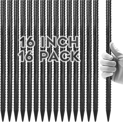 Straight Rebar Stakes 16 Inches (16pcs) Heavy Duty Straight Metal Ground Anchors with Chisel Point Ends for Timber,Concrete,Plant Support,Camping Tents,3/8 Inch Thickness Garden Stakes,Black