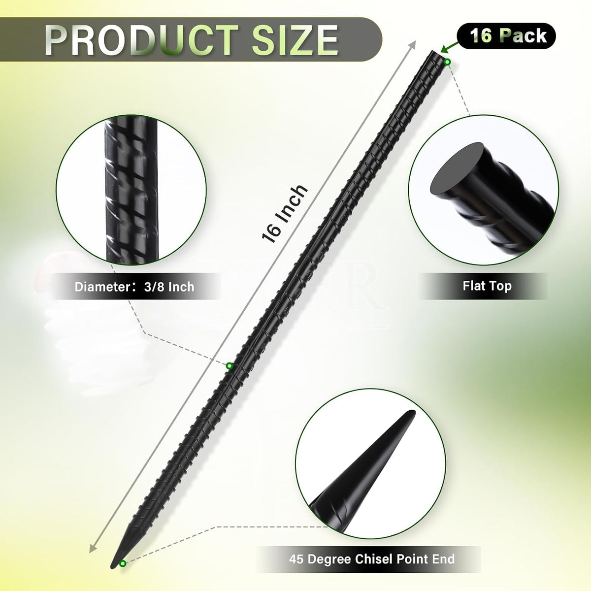 Straight Rebar Stakes 16 Inches (16pcs) Heavy Duty Straight Metal Ground Anchors with Chisel Point Ends for Timber,Concrete,Plant Support,Camping Tents,3/8 Inch Thickness Garden Stakes,Black