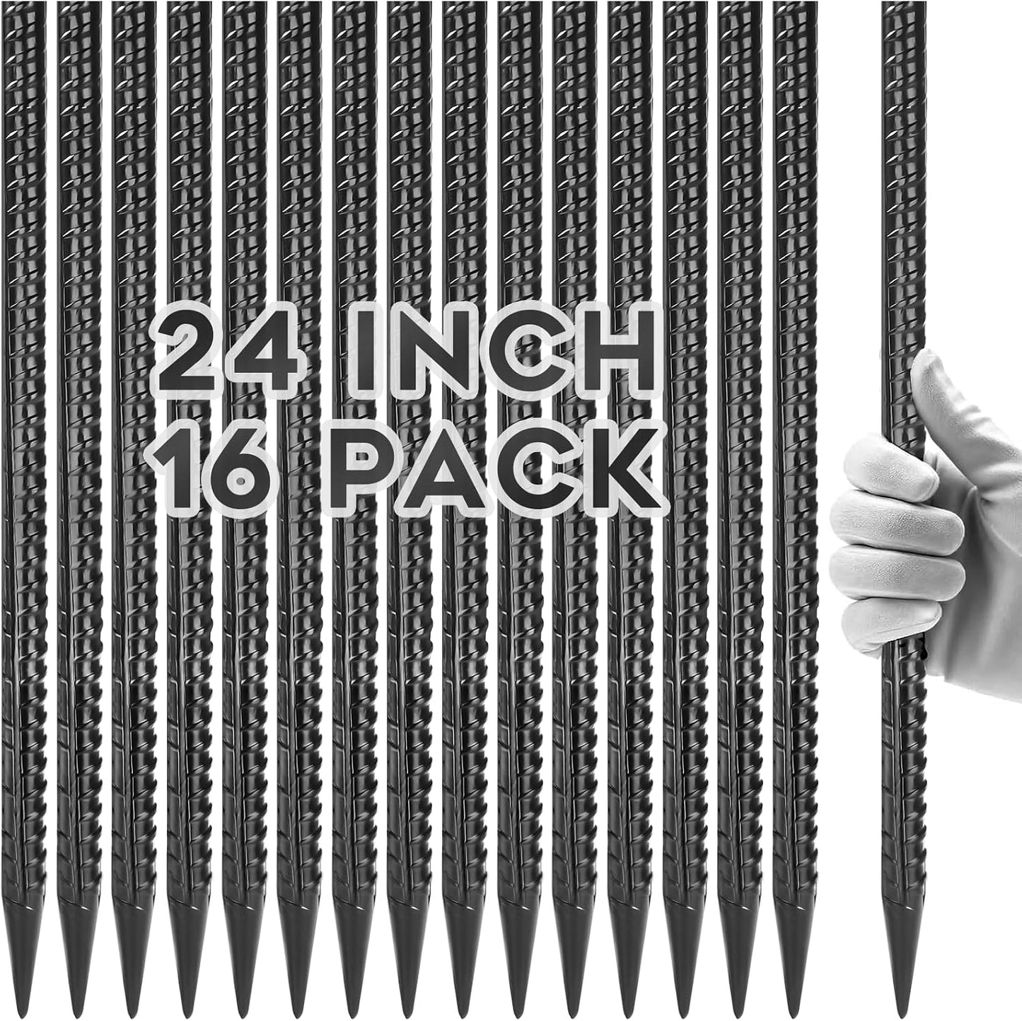 Straight Rebar Stakes 16 Inches (16pcs) Heavy Duty Straight Metal Ground Anchors with Chisel Point Ends for Timber,Concrete,Plant Support,Camping Tents,3/8 Inch Thickness Garden Stakes,Black