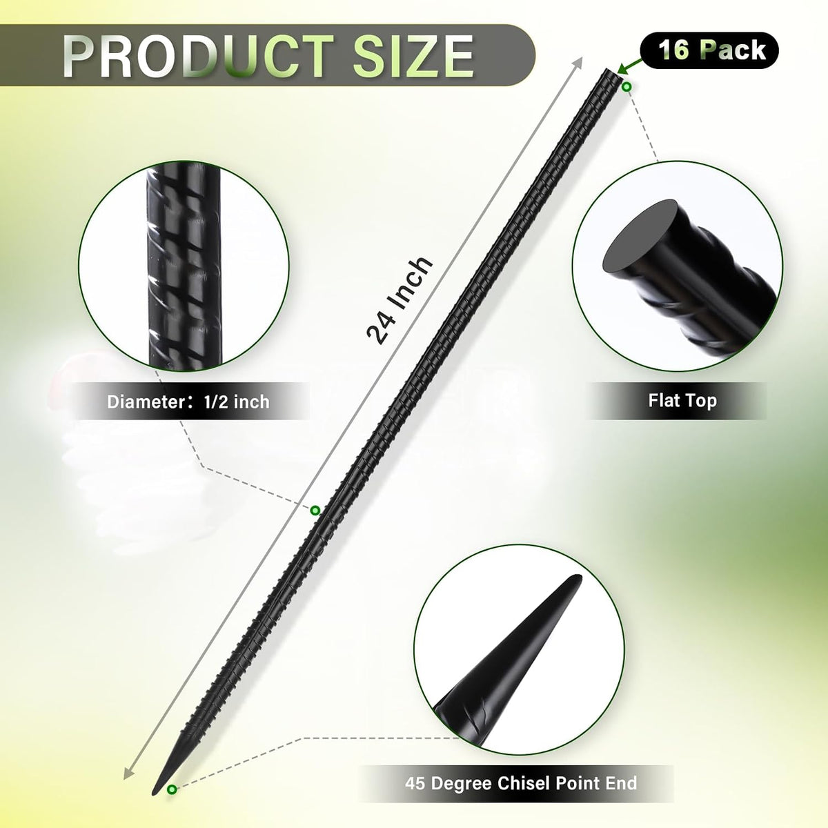 Straight Rebar Stakes 16 Inches (16pcs) Heavy Duty Straight Metal Ground Anchors with Chisel Point Ends for Timber,Concrete,Plant Support,Camping Tents,3/8 Inch Thickness Garden Stakes,Black
