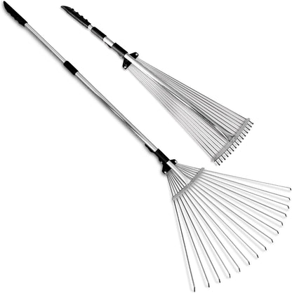 J16A Adjustable Metal Leaf Rake with Expandable Head 8-23", Collapsible & Telescopic Grass Rake for Lawns, Garden & Yard, Ideal for Leaves, Shrubs & Small Areas