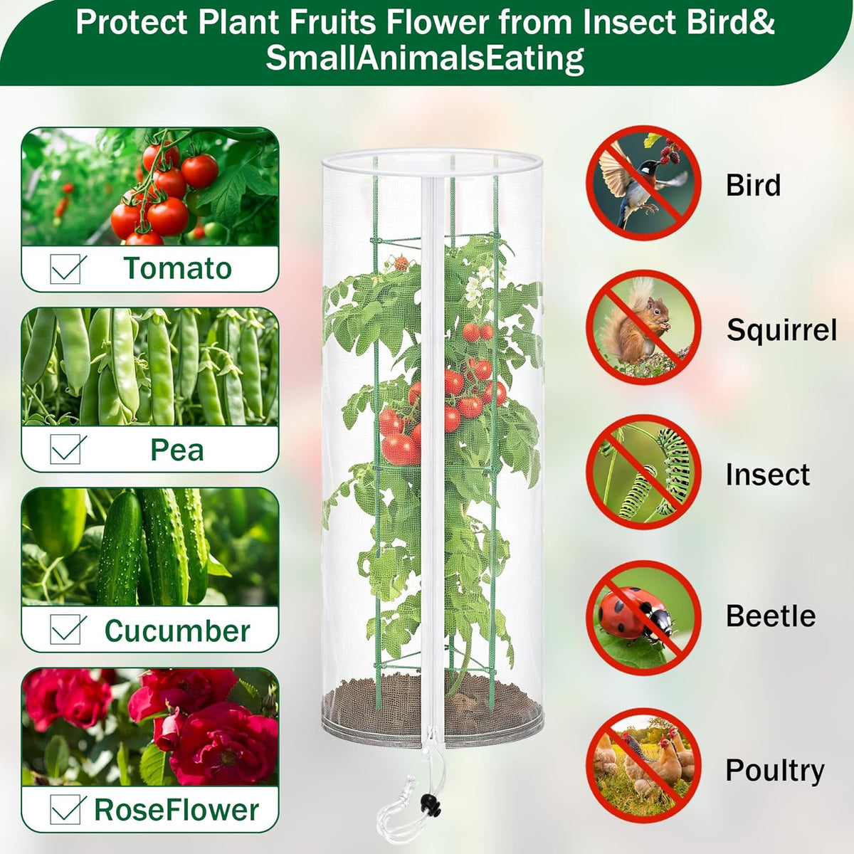 2PCS Garden Netting Plant Cover for Round Tomato Cage 59"x17"