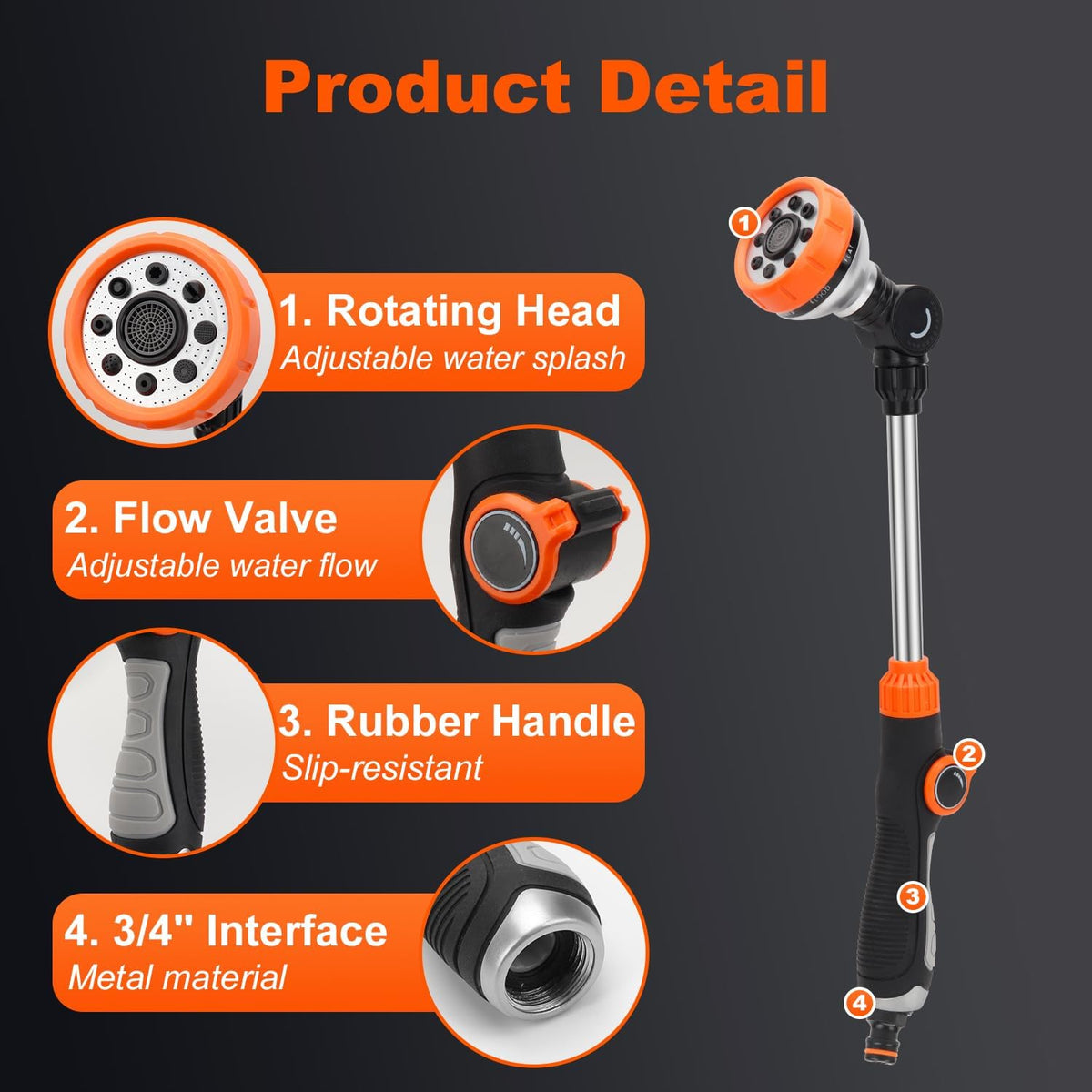 Watering Wand, 18.5 Inches Long Garden Hose Wand with 180° Swivel Head, 8 Spray Patterns, Adjustable Garden Sprayer Wand with Nozzle
