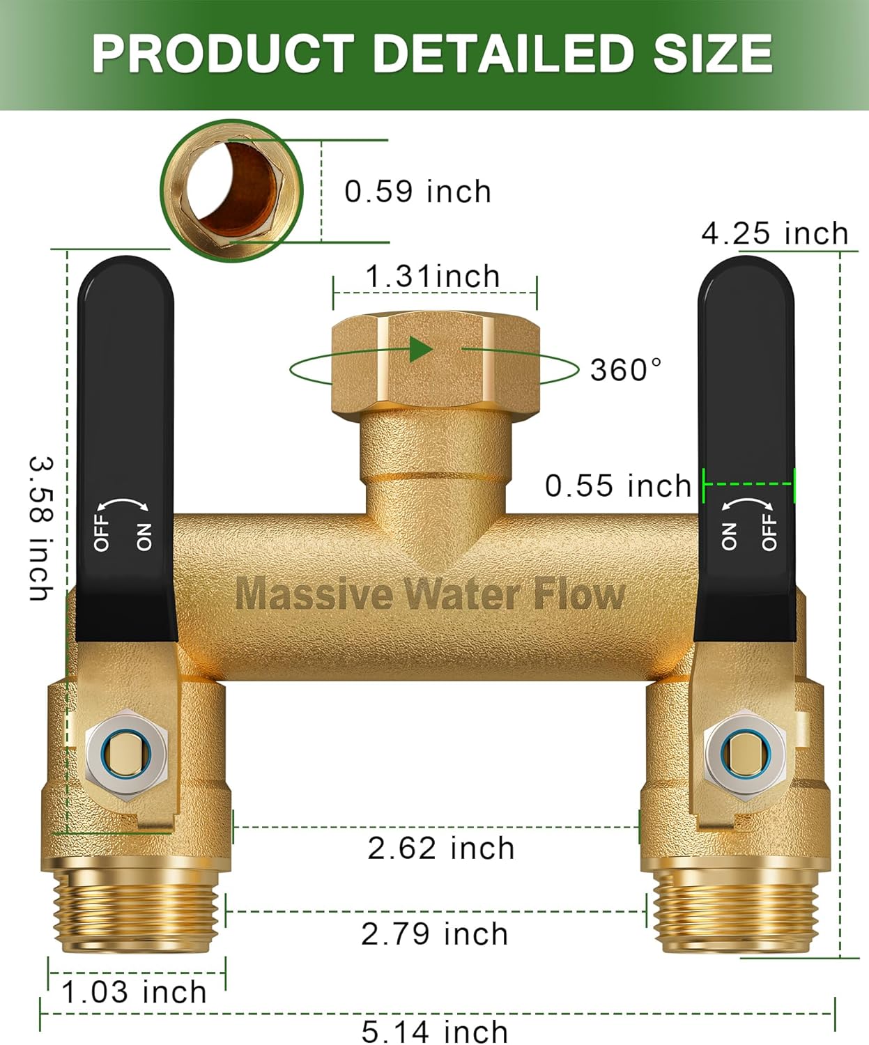 Hose Splitter 2 Way Heavy Duty, Full Flow Garden Hose Splitter with 2 Long Metal Handles, Brass Rust and Freeze Resistant Water Hose Bib Splitter, T Adapter Connector with 3/4 - Inch GHT Thread（Black）