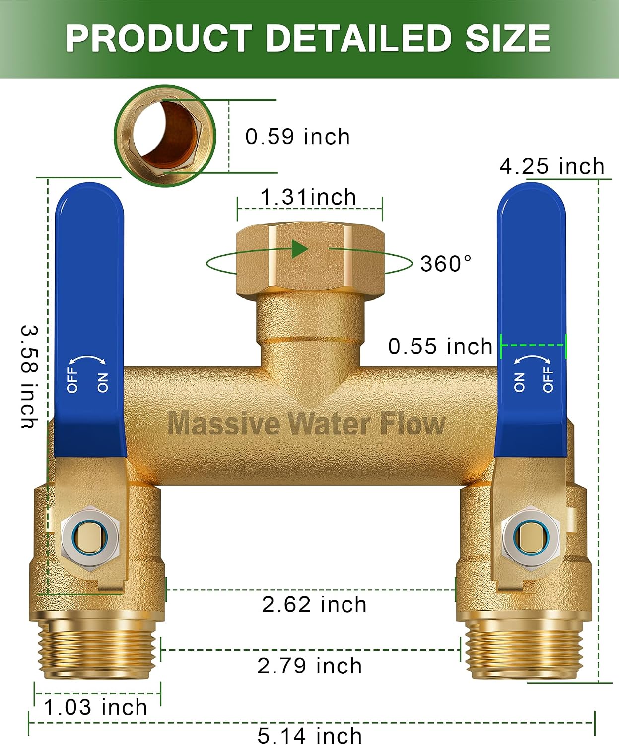 Hose Splitter 2 Way Heavy Duty, Full Flow Garden Hose Splitter with 2 Long Metal Handles, Brass Rust and Freeze Resistant Water Hose Bib Splitter, T Adapter Connector with 3/4 - Inch GHT Thread（Black）