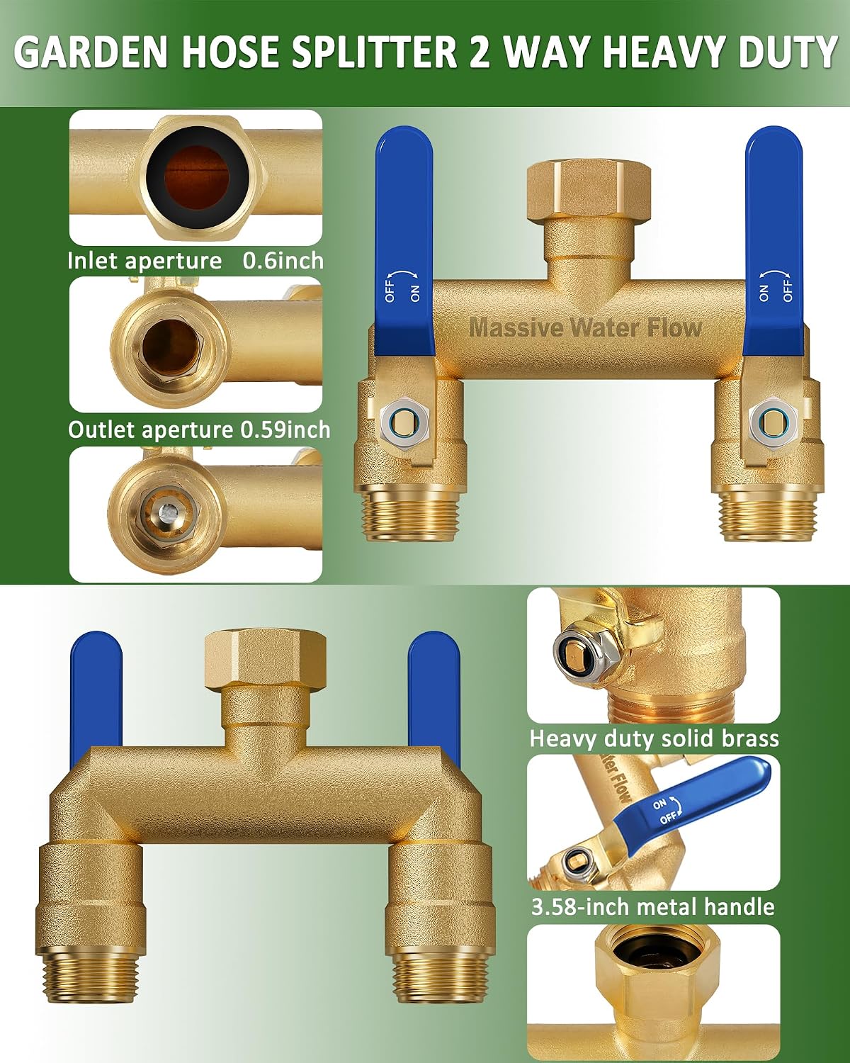 Hose Splitter 2 Way Heavy Duty, Full Flow Garden Hose Splitter with 2 Long Metal Handles, Brass Rust and Freeze Resistant Water Hose Bib Splitter, T Adapter Connector with 3/4 - Inch GHT Thread（Black）