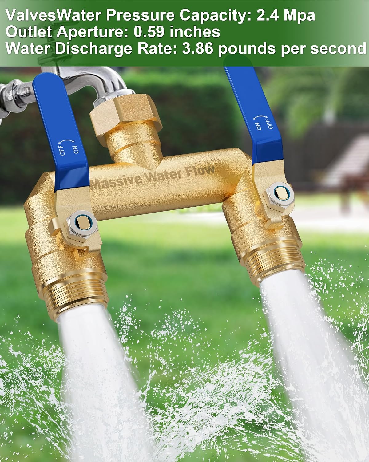 Hose Splitter 2 Way Heavy Duty, Full Flow Garden Hose Splitter with 2 Long Metal Handles, Brass Rust and Freeze Resistant Water Hose Bib Splitter, T Adapter Connector with 3/4 - Inch GHT Thread（Black）