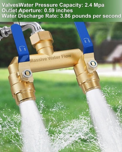Hose Splitter 2 Way Heavy Duty, Full Flow Garden Hose Splitter with 2 Long Metal Handles, Brass Rust and Freeze Resistant Water Hose Bib Splitter, T Adapter Connector with 3/4 - Inch GHT Thread（Black）