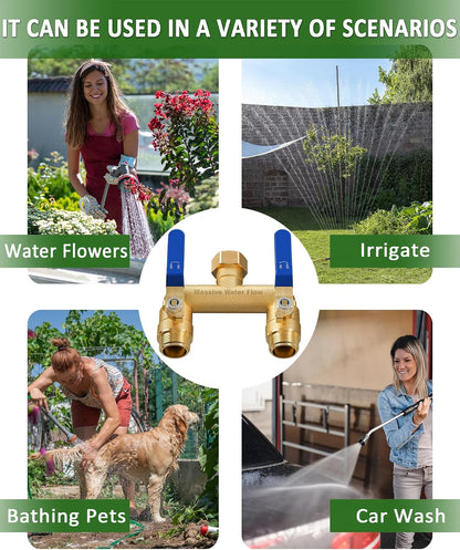 Hose Splitter 2 Way Heavy Duty, Full Flow Garden Hose Splitter with 2 Long Metal Handles, Brass Rust and Freeze Resistant Water Hose Bib Splitter, T Adapter Connector with 3/4 - Inch GHT Thread（Black）