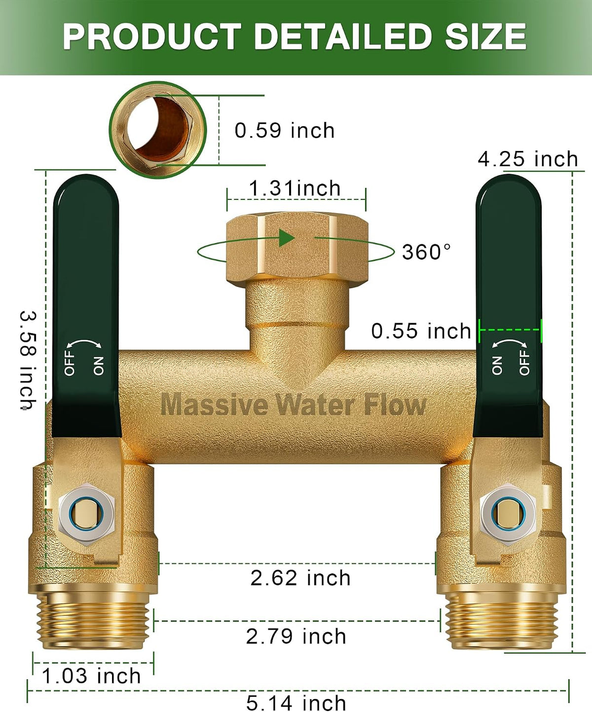 Hose Splitter 2 Way Heavy Duty, Full Flow Garden Hose Splitter with 2 Long Metal Handles, Brass Rust and Freeze Resistant Water Hose Bib Splitter, T Adapter Connector with 3/4 - Inch GHT Thread（Black）