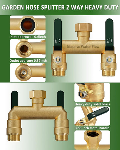 Hose Splitter 2 Way Heavy Duty, Full Flow Garden Hose Splitter with 2 Long Metal Handles, Brass Rust and Freeze Resistant Water Hose Bib Splitter, T Adapter Connector with 3/4 - Inch GHT Thread（Black）