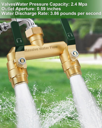 Hose Splitter 2 Way Heavy Duty, Full Flow Garden Hose Splitter with 2 Long Metal Handles, Brass Rust and Freeze Resistant Water Hose Bib Splitter, T Adapter Connector with 3/4 - Inch GHT Thread（Black）