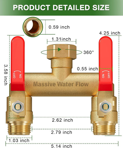 Hose Splitter 2 Way Heavy Duty, Full Flow Garden Hose Splitter with 2 Long Metal Handles, Brass Rust and Freeze Resistant Water Hose Bib Splitter, T Adapter Connector with 3/4 - Inch GHT Thread（Black）