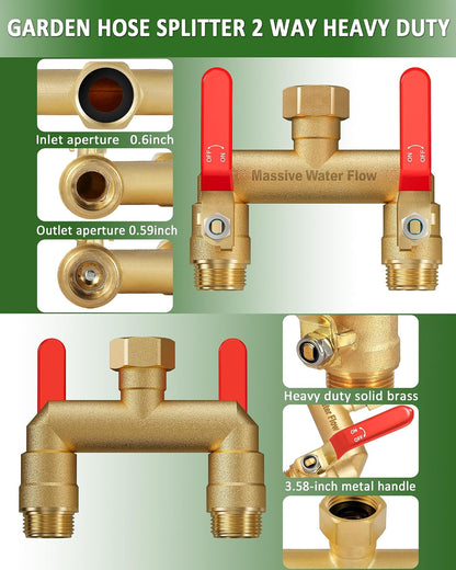 Hose Splitter 2 Way Heavy Duty, Full Flow Garden Hose Splitter with 2 Long Metal Handles, Brass Rust and Freeze Resistant Water Hose Bib Splitter, T Adapter Connector with 3/4 - Inch GHT Thread（Black）