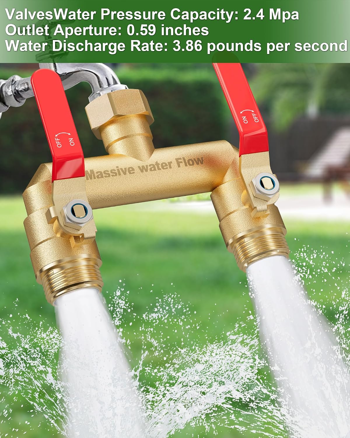 Hose Splitter 2 Way Heavy Duty, Full Flow Garden Hose Splitter with 2 Long Metal Handles, Brass Rust and Freeze Resistant Water Hose Bib Splitter, T Adapter Connector with 3/4 - Inch GHT Thread（Black）