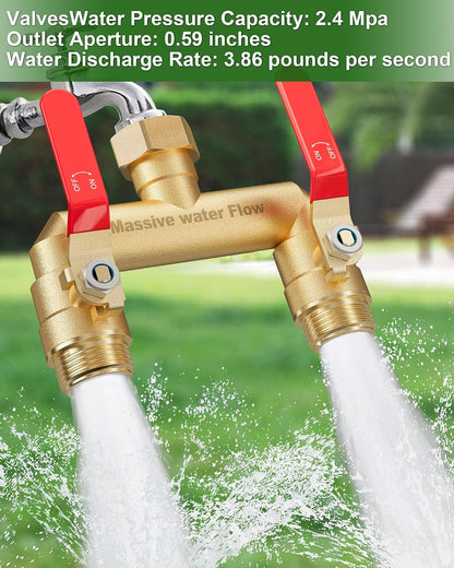 Hose Splitter 2 Way Heavy Duty, Full Flow Garden Hose Splitter with 2 Long Metal Handles, Brass Rust and Freeze Resistant Water Hose Bib Splitter, T Adapter Connector with 3/4 - Inch GHT Thread（Black）